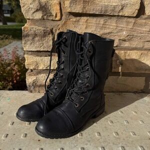 G.H. Bass & Co. Combat Boots Womens 8 Black Lace Up Buckle Moto Cap Toe